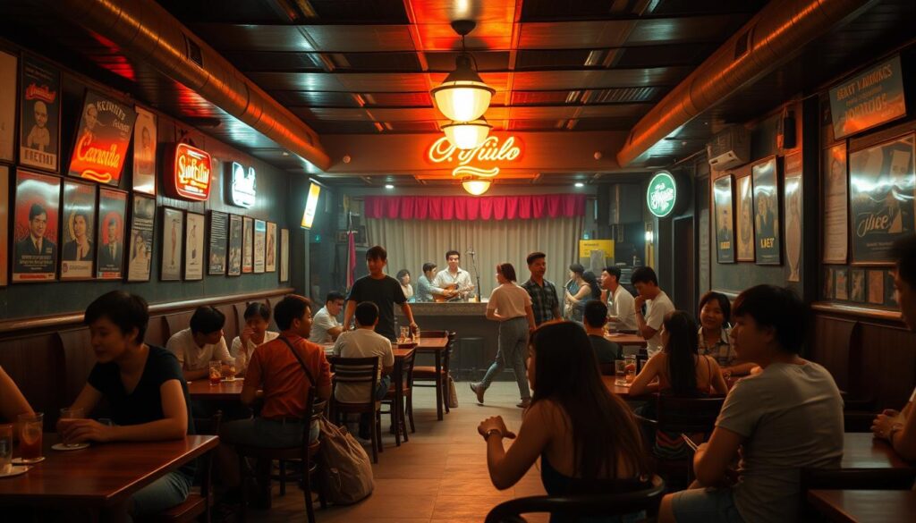 A cozy, dimly-lit Indonesian restaurant in the 1980s or 1990s, filled with young people chatting and laughing. The interior features retro decor, with wooden tables and chairs, neon signs, and vintage posters on the walls. In the foreground, a group of friends sit around a table, enjoying drinks and snacks. The middle ground showcases the lively atmosphere, with waiters weaving between tables and patrons mingling. In the background, a stage or performance area suggests live music or entertainment. The overall mood is nostalgic, vibrant, and evocative of a popular hangout spot for the youth of that era.