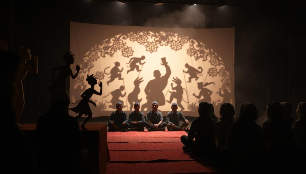 A dimly lit stage illuminates a vibrant display of Wayang Kulit, the traditional Malaysian shadow puppetry. In the foreground, intricately carved wooden puppets dance across the screen, their shadows casting mesmerizing patterns on the translucent white cloth. In the middle ground, a troupe of santri, or Islamic students, sit cross-legged, their faces alight with wonder as they observe the captivating performance. The background is shrouded in a hazy, atmospheric lighting, creating a sense of mysticism and reverence. The scene conveys the richness of Malaysian cultural heritage, where the ancient art of Wayang Kulit is seamlessly integrated with the spiritual practices of the santri community.