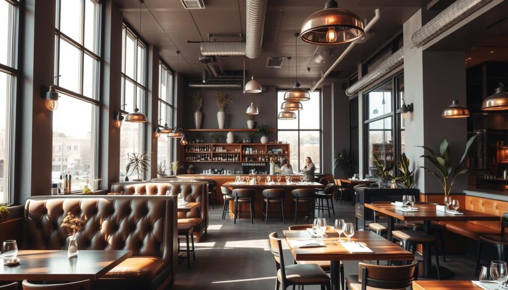 A modern, sleek restaurant interior with nostalgic touches. Bright, natural lighting filters through large windows, casting a warm glow on the space. Vintage-inspired light fixtures and furnishings, such as leather-tufted booths and wooden accents, create a cozy ambiance. The layout features an open-concept design, with a centrally-positioned bar and seating areas arranged to foster a social, communal atmosphere. Plants and greenery add a touch of life, while muted, earthy tones throughout the color palette evoke a sense of timelessness. The overall impression is one of a contemporary dining experience infused with subtle nods to the past.