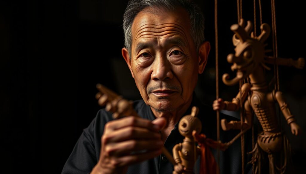 A portrait of Ki Haryo Susilo Enthus Susmono, a revered dalang (puppet master) of the Santri Wayang Golek tradition. He stands in a dimly lit, atmospheric studio, his face illuminated by soft, warm lighting, conveying a sense of contemplation and wisdom. His hands are skillfully manipulating the intricate wooden puppets, his expression focused and intent. The background is blurred, drawing the viewer's attention to the dalang's face and the elegant, hand-carved puppets. The overall mood is pensive and reverent, capturing the essence of Susilo Enthus Susmono's role as a custodian of this unique and deeply spiritual Javanese art form.