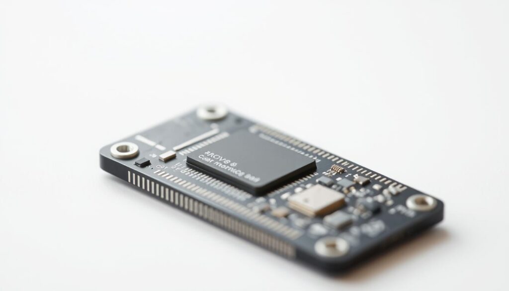 A close-up, detailed view of a modern NFC (Near-Field Communication) chip in a sleek, minimalist style. The chip is portrayed against a clean, white background, highlighting its intricate circuitry and metallic components. The lighting is soft and evenly distributed, emphasizing the chip's intricate details and reflecting its professional, technical nature. The angle is slightly elevated, providing an optimal perspective to showcase the chip's form and functionality, suitable for use in an article discussing the use of NFC tags for workspace automation and dark mode control. A close-up, detailed view of a modern NFC (Near-Field Communication) chip in a sleek, minimalist style. The chip is portrayed against a clean, white background, highlighting its intricate circuitry and metallic components. The lighting is soft and evenly distributed, emphasizing the chip's intricate details and reflecting its professional, technical nature. The angle is slightly elevated, providing an optimal perspective to showcase the chip's form and functionality, suitable for use in an article discussing the use of NFC tags for workspace automation and dark mode control.