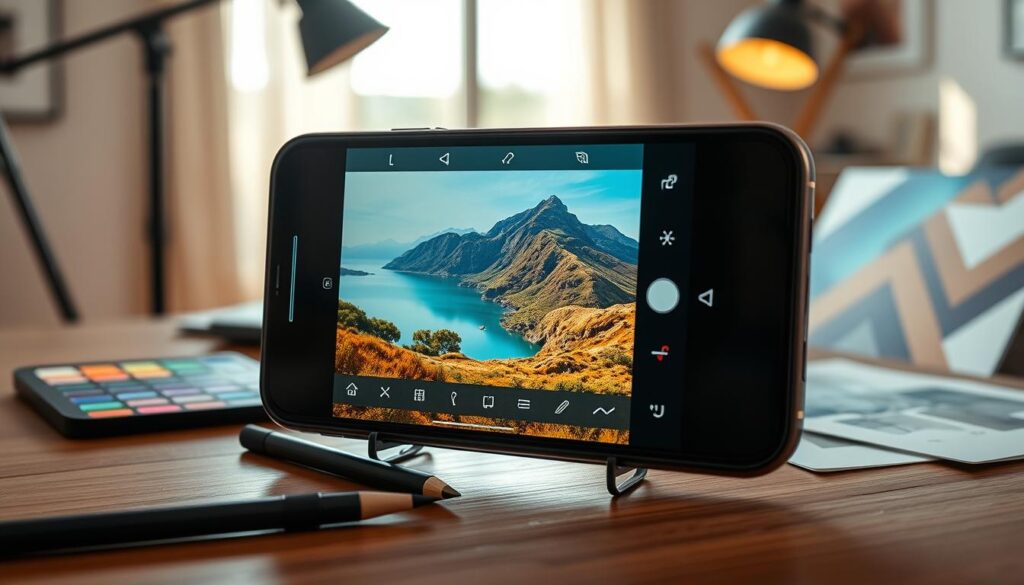 A detailed, visually appealing workspace showcasing a high-end photo editing application on an iPhone screen. In the foreground, a close-up of the iPhone screen displays the color adjustment sliders and various effects being applied to a vibrant landscape photo. The middle layer features a modern desk with professional editing tools, such as a stylus and color palettes. In the background, soft natural light filters through a window, creating a warm, inviting atmosphere. The mood is creative and focused, emphasizing the process of enhancing images. The scene should be styled with a minimalist aesthetic, avoiding clutter, while showcasing technological sophistication and artistic inspiration. The overall composition captures the essence of professional photography editing on a mobile device.