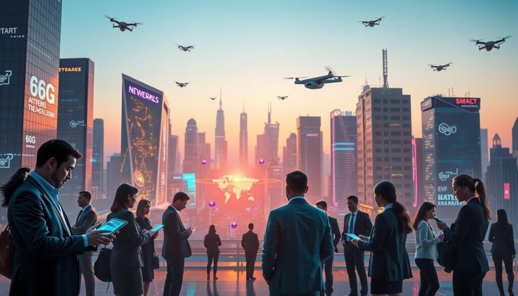 A futuristic cityscape representing global advancements in 6G technology. In the foreground, diverse professionals in business attire are engaged in discussions over digital devices, showcasing connectivity and collaboration. The middle ground features sleek, modern buildings with holographic displays of network signals and data transmission, symbolizing the innovation of 6G. In the background, a high-tech skyline is illuminated by vibrant neon lights, with satellites and drones illustrating global reach. The atmosphere is dynamic, emphasizing progress and collaboration, enhanced by a soft, ambient glow that suggests a dawn of a new technological era. Capture the scene from a slightly elevated angle to highlight the scope of the development, with a clear blue sky above, indicating a bright future. A futuristic cityscape representing global advancements in 6G technology. In the foreground, diverse professionals in business attire are engaged in discussions over digital devices, showcasing connectivity and collaboration. The middle ground features sleek, modern buildings with holographic displays of network signals and data transmission, symbolizing the innovation of 6G. In the background, a high-tech skyline is illuminated by vibrant neon lights, with satellites and drones illustrating global reach. The atmosphere is dynamic, emphasizing progress and collaboration, enhanced by a soft, ambient glow that suggests a dawn of a new technological era. Capture the scene from a slightly elevated angle to highlight the scope of the development, with a clear blue sky above, indicating a bright future.