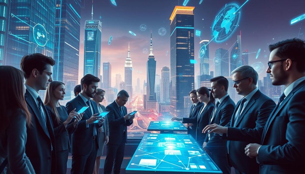 A futuristic scene depicting the revolution of network technology applications, highlighting the convergence of the physical and virtual worlds. In the foreground, a group of diverse professionals in smart business attire interact with advanced holographic interfaces, showcasing seamless connectivity and collaboration. The middle ground features a vibrant cityscape with sleek, modern skyscrapers integrated with glowing digital displays and network nodes. In the background, an ethereal blend of augmented reality elements, like floating data streams and virtual landscapes, merging with the bustling city life. The atmosphere is dynamic and energetic, illuminated by cool blue and green lights, with a high-definition lens capturing intricate details. A slight perspective tilt adds depth, enhancing the sense of innovation and forward motion. A futuristic scene depicting the revolution of network technology applications, highlighting the convergence of the physical and virtual worlds. In the foreground, a group of diverse professionals in smart business attire interact with advanced holographic interfaces, showcasing seamless connectivity and collaboration. The middle ground features a vibrant cityscape with sleek, modern skyscrapers integrated with glowing digital displays and network nodes. In the background, an ethereal blend of augmented reality elements, like floating data streams and virtual landscapes, merging with the bustling city life. The atmosphere is dynamic and energetic, illuminated by cool blue and green lights, with a high-definition lens capturing intricate details. A slight perspective tilt adds depth, enhancing the sense of innovation and forward motion.