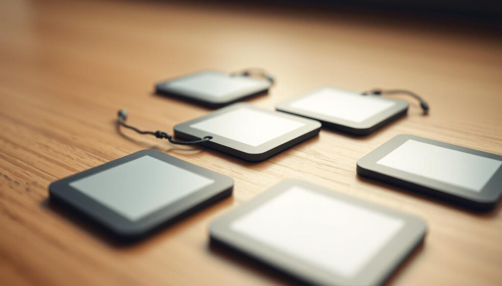 A highly detailed close-up view of several NFC tags, captured with a high-resolution macro lens in soft, warm lighting. The tags are arranged neatly on a smooth, minimalist surface, such as a wooden desk or a neutral-colored background. The tags are shown from various angles, highlighting their sleek, modern design and the subtle texture of the material. The overall composition is clean, balanced, and focuses on showcasing the technical features and practical applications of the NFC tags, without any distracting elements. The mood is one of simplicity, functionality, and a touch of curiosity, inviting the viewer to imagine the possibilities of these versatile devices. A highly detailed close-up view of several NFC tags, captured with a high-resolution macro lens in soft, warm lighting. The tags are arranged neatly on a smooth, minimalist surface, such as a wooden desk or a neutral-colored background. The tags are shown from various angles, highlighting their sleek, modern design and the subtle texture of the material. The overall composition is clean, balanced, and focuses on showcasing the technical features and practical applications of the NFC tags, without any distracting elements. The mood is one of simplicity, functionality, and a touch of curiosity, inviting the viewer to imagine the possibilities of these versatile devices.