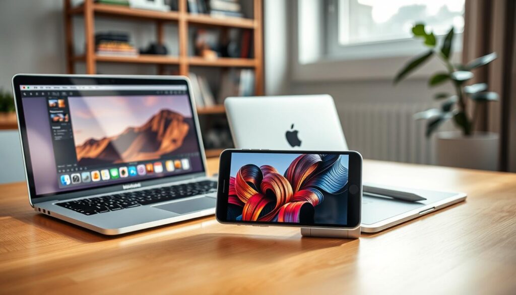 An elegant workspace featuring a sleek Apple MacBook and an iPhone on a wooden desk, surrounded by various photo editing applications visible on the screens. In the foreground, the iPhone displays a professionally edited photo with vibrant colors and intricate details, showcasing the seamless editing capabilities. The middle ground includes a modern Apple iPad with a stylus, demonstrating connectivity among devices. Soft, natural lighting filters through a nearby window, creating a warm and inviting atmosphere. In the background, softly blurred shelves with photography books and a plant add depth to the scene. The overall mood conveys creativity and professionalism, highlighting integration among Apple gadgets for enhanced photo editing.