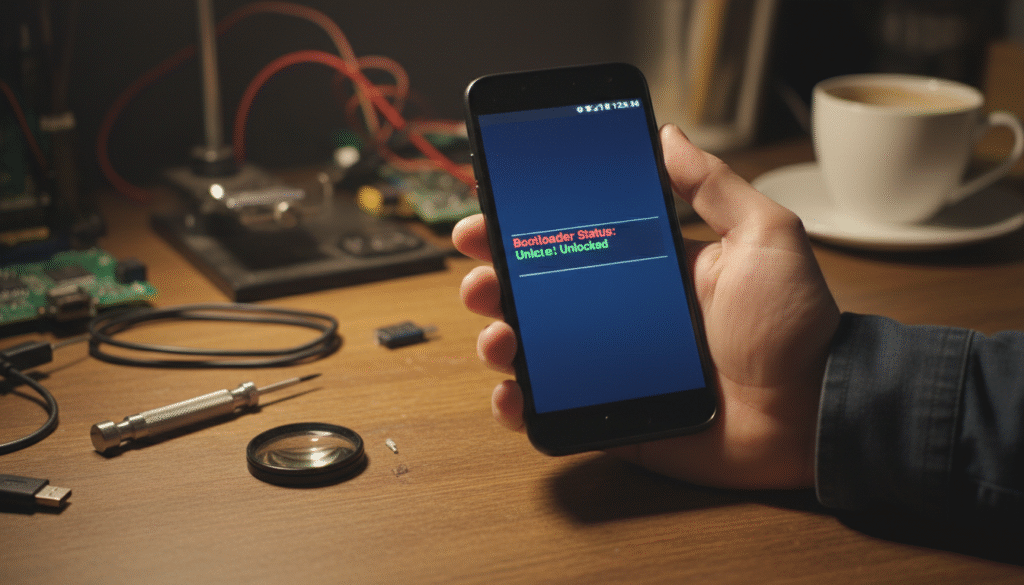A close-up view of a hand holding a used Android smartphone, displaying the bootloader status screen. The smartphone’s screen shows technical details such as "Bootloader Status: Unlocked" in vivid colors, with an emphasis on clarity. Surrounding the phone are various tools like a tiny Phillips screwdriver and a magnifying glass, highlighting a careful inspection process. In the background, a subtle blurred effect of a desk cluttered with tech gadgets creates a sense of an engaging workspace. Ambient warm lighting enhances a serious, focused atmosphere, while the overall composition conveys a sense of caution and vigilance in checking the bootloader status before purchasing a used device.