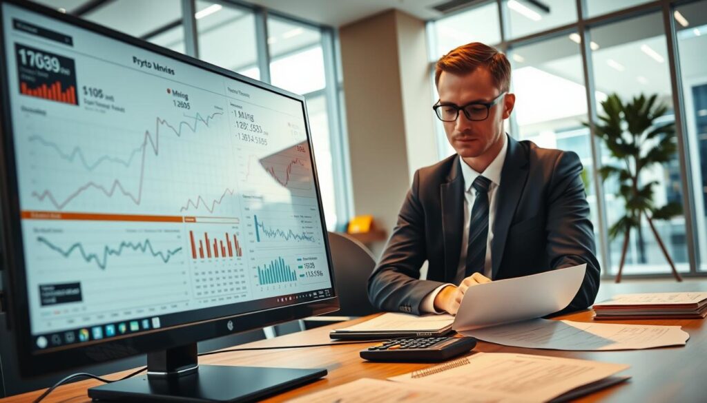 A detailed analysis of crypto mining costs, featuring a thoughtfully designed workspace. In the foreground, there is a sleek desktop computer displaying complex graphs and charts about mining profitability and energy consumption, surrounded by notepads and a calculator. In the middle ground, a financial analyst, dressed in a professional business suit, is intently studying the data, with a focused expression. The background shows a modern office environment with large windows, allowing natural light to filter in, creating a bright and productive atmosphere. The lighting emphasizes the screens and papers, casting soft shadows around. The overall mood conveys a sense of critical analysis and contemplation about the economics of mining cryptocurrencies.