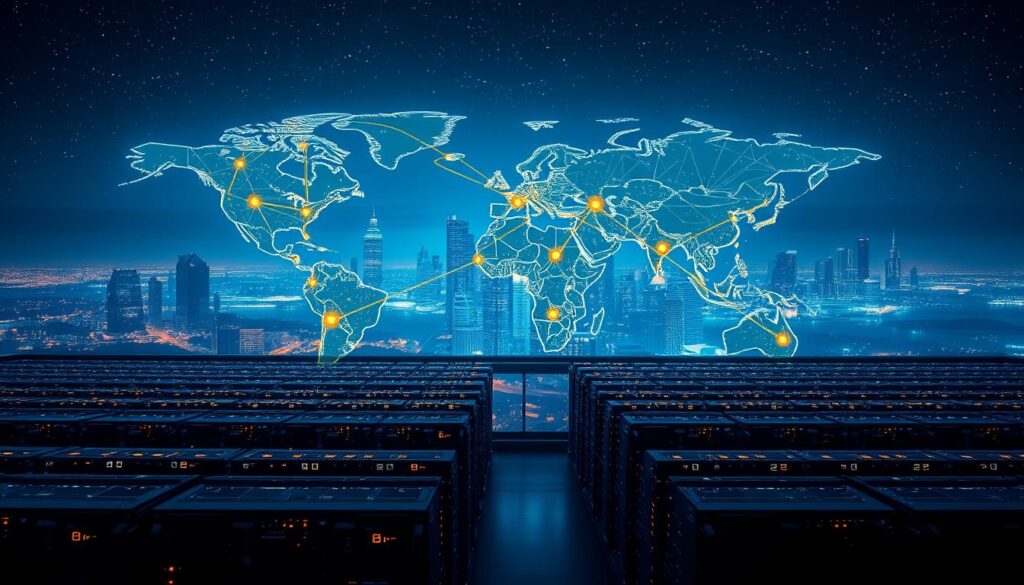 A detailed visualization of a global Bitcoin mining network, featuring a sprawling data center in the foreground with rows of powerful servers buzzing with activity. In the middle ground, a digital world map illustrates interconnected nodes symbolizing different mining locations across continents, highlighted with glowing lines representing data transfer. The background showcases a futuristic skyline, blending technology and urban energy, under a deep blue night sky filled with stars. Soft, dynamic lighting illuminates the data center, casting a high-tech ambiance. The image conveys a sense of competition and innovation in cryptocurrency mining, showcasing the scale and complexity of global networks, all with a professional, inspiring atmosphere.