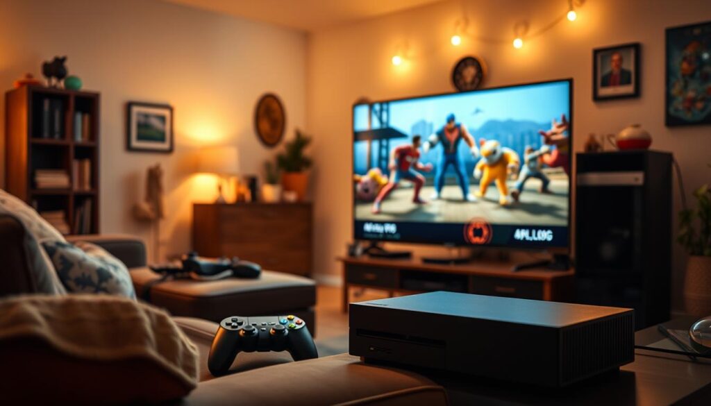 A dynamic and detailed scene showcasing a vibrant living room where an Xbox is prominently displaying a PS2 game emulated in stunning 4K resolution. In the foreground, a television with crisp graphics depicting a classic PS2 game, with characters and vibrant colors that suggest smooth gameplay. The middle ground features a comfortable gaming setup, including an Xbox console and a game controller, arranged elegantly. In the background, warm ambient lighting creates a cozy atmosphere, with subtle reflections on the TV screen. The room is decorated with gaming memorabilia and soft furnishings that enhance the inviting feel. Capture a mood of excitement and nostalgia, emphasizing the innovation of running PS2 games smoothly on the Xbox.