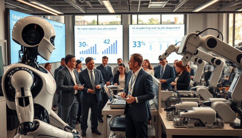 A dynamic office environment showcasing the economic impact of robot usage. In the foreground, a humanoid robot collaborates with a diverse group of professionals in business attire, engaged in discussions around automated workstations. The middle ground features advanced robotic arms efficiently handling tasks like quality control and assembly, illustrating their role in boosting productivity. In the background, large digital screens display graphs and stats about economic growth and job displacement due to automation. The scene is illuminated by bright, natural lighting from large windows, creating a positive and futuristic atmosphere. Capture the details with a slightly angled perspective, emphasizing the synergy between humans and robots in a bustling workspace. A dynamic office environment showcasing the economic impact of robot usage. In the foreground, a humanoid robot collaborates with a diverse group of professionals in business attire, engaged in discussions around automated workstations. The middle ground features advanced robotic arms efficiently handling tasks like quality control and assembly, illustrating their role in boosting productivity. In the background, large digital screens display graphs and stats about economic growth and job displacement due to automation. The scene is illuminated by bright, natural lighting from large windows, creating a positive and futuristic atmosphere. Capture the details with a slightly angled perspective, emphasizing the synergy between humans and robots in a bustling workspace.