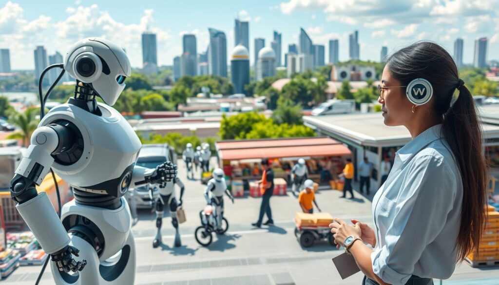 A futuristic cityscape of Indonesia where advanced robots are performing various jobs alongside humans. In the foreground, a female engineer in smart casual attire observes a robot assembling components in a modern workshop. In the middle ground, a bustling market scene shows robots handling deliveries and customers interacting with service robots. The background features a skyline with high-tech buildings and green spaces, representing progress and innovation. Use bright, natural lighting to create an optimistic atmosphere, with a slightly aerial angle to capture the dynamic interaction between humans and technology. Emphasize the blend of tradition and modernity, highlighting both the benefits and challenges of automation in Indonesian workplaces. A futuristic cityscape of Indonesia where advanced robots are performing various jobs alongside humans. In the foreground, a female engineer in smart casual attire observes a robot assembling components in a modern workshop. In the middle ground, a bustling market scene shows robots handling deliveries and customers interacting with service robots. The background features a skyline with high-tech buildings and green spaces, representing progress and innovation. Use bright, natural lighting to create an optimistic atmosphere, with a slightly aerial angle to capture the dynamic interaction between humans and technology. Emphasize the blend of tradition and modernity, highlighting both the benefits and challenges of automation in Indonesian workplaces.