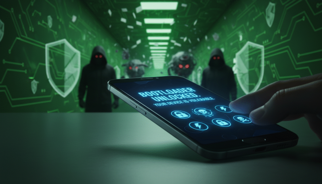 A smartphone displaying an unlocked bootloader on its screen, set against a backdrop of abstract, digital security elements like firewalls and malware icons. In the foreground, the smartphone is sharp and detailed, reflecting a soft blue glow emanating from the screen to signify danger and vulnerability. The middle ground features a blurred representation of hacker silhouettes and malicious software, looming ominously. The background is a gradient of dark to light greens, suggesting a digital environment that feels both futuristic and risky. The lighting is dramatic, with a focus on the phone, casting shadows that enhance the tension. The overall mood is intense and cautionary, emphasizing the potential threats tied to unlocking a smartphone's bootloader.