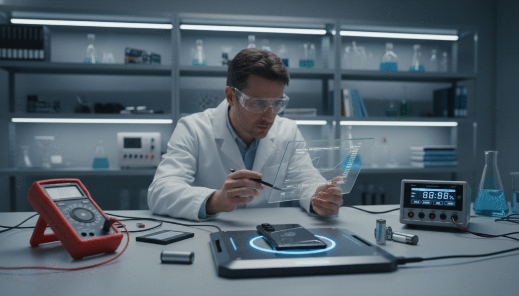 A sleek and modern testing laboratory setting, focused on a Galaxy S25 Ultra smartphone placed on a high-tech charging station. In the foreground, the phone is surrounded by various tools and equipment, including multimeters and battery analyzers, showcasing a detailed battery testing setup. In the middle ground, a technician in a lab coat examines the phone with a focus on a tablet displaying battery performance data. The background features shelves filled with electronic devices and research materials, subtly out of focus to emphasize the action in the foreground. Soft, white LED lighting illuminates the scene, casting a professional and meticulous atmosphere that conveys innovation and precision in battery endurance testing.